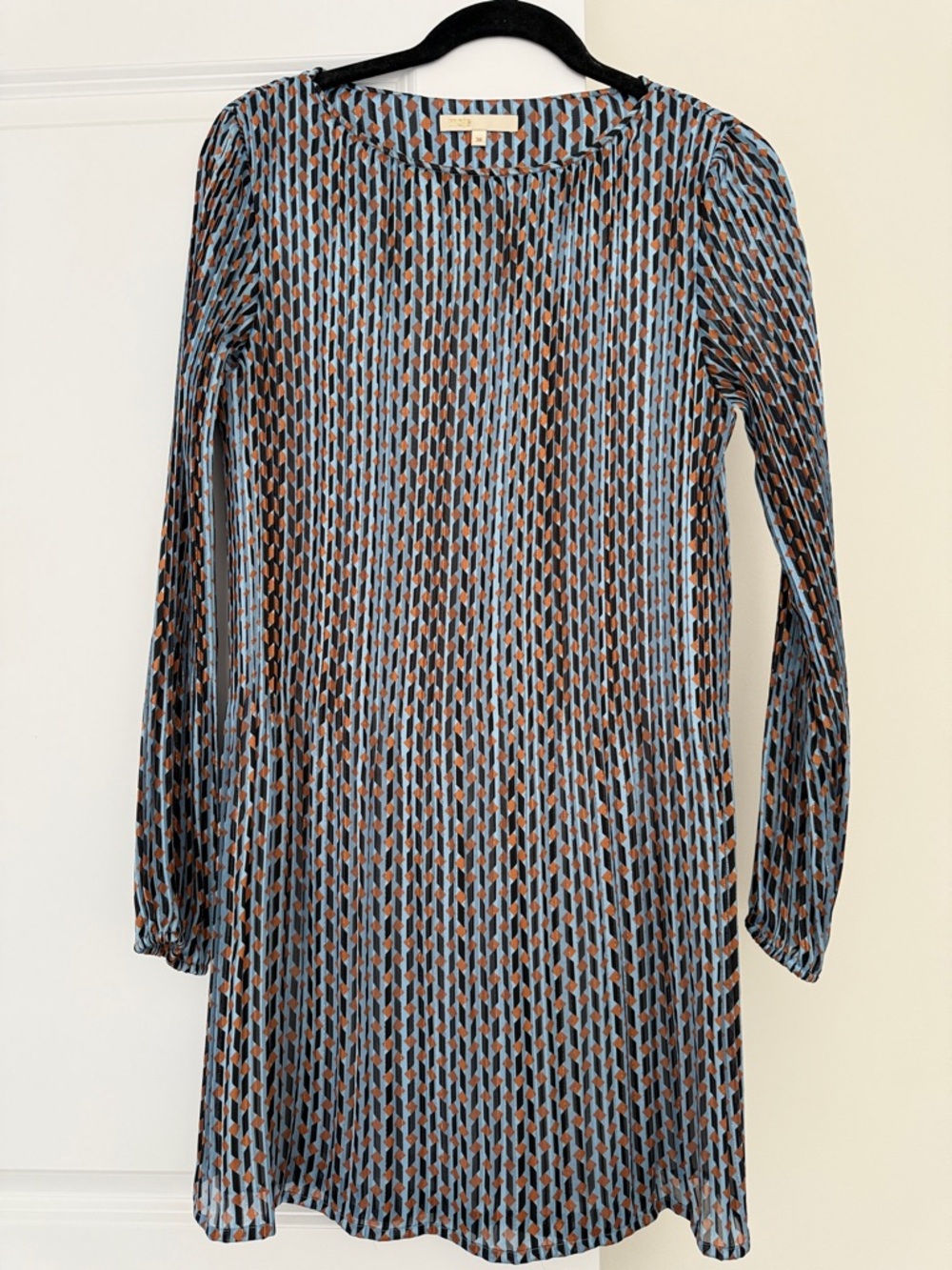 Maje Long Sleeve Printed Shift Dress in Blue and Brown